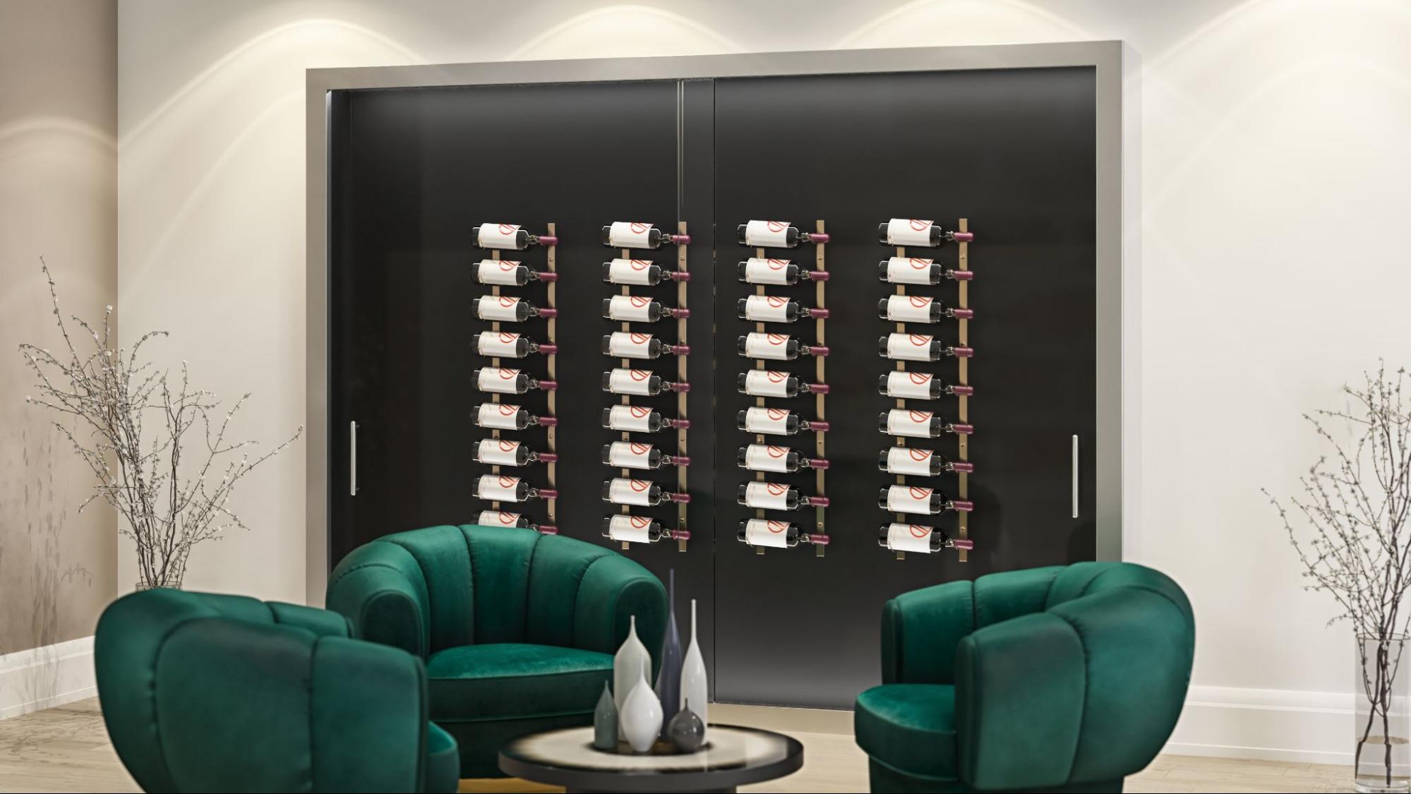 Floating Wine Wall System with Glass Sliding Enclosure and Green Sitting Area