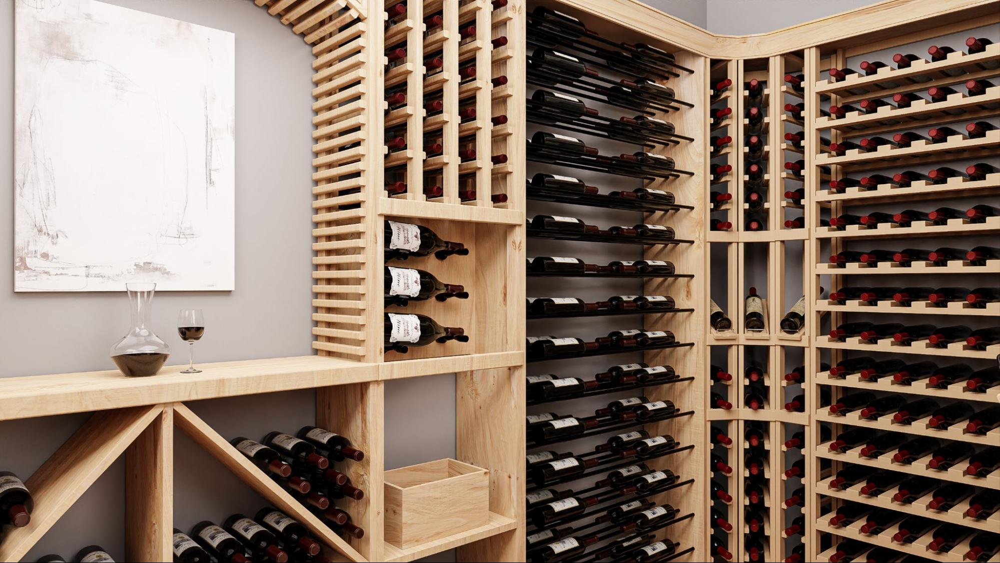Floor to Ceiling Wood Wine Racks with Cubes, Display Row and Standard Wine Racks