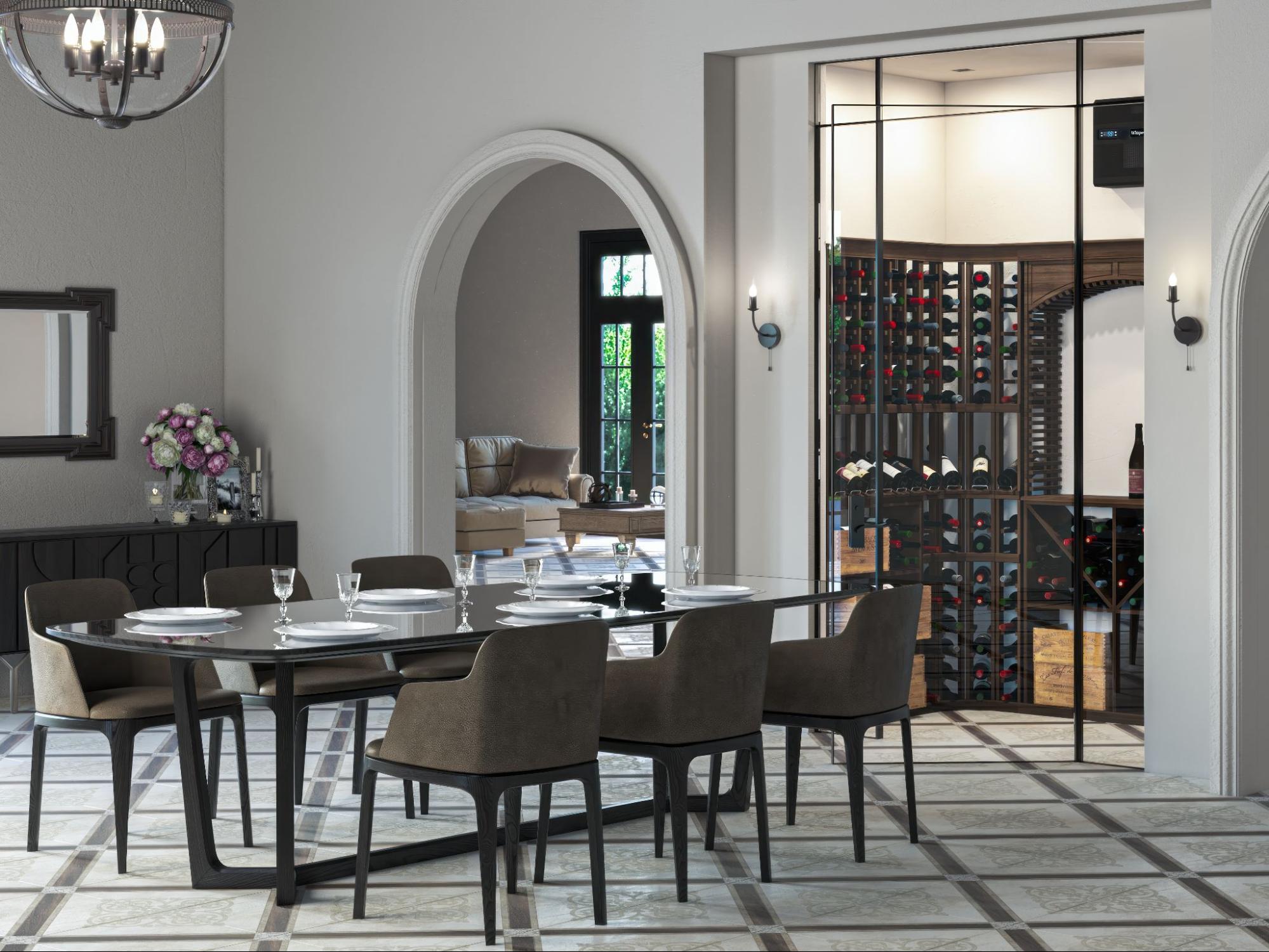 Glass-enclosed wine cellar beside a dining room, with wood bottle racks and a wall-mounted cooling unit