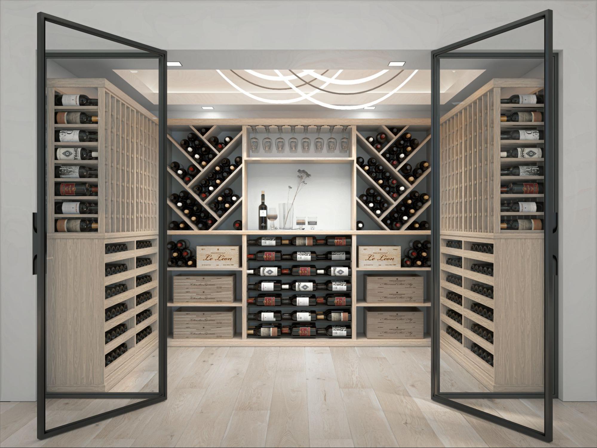 Glass Enclosed Wood Wine Room with Bins and Front Displays