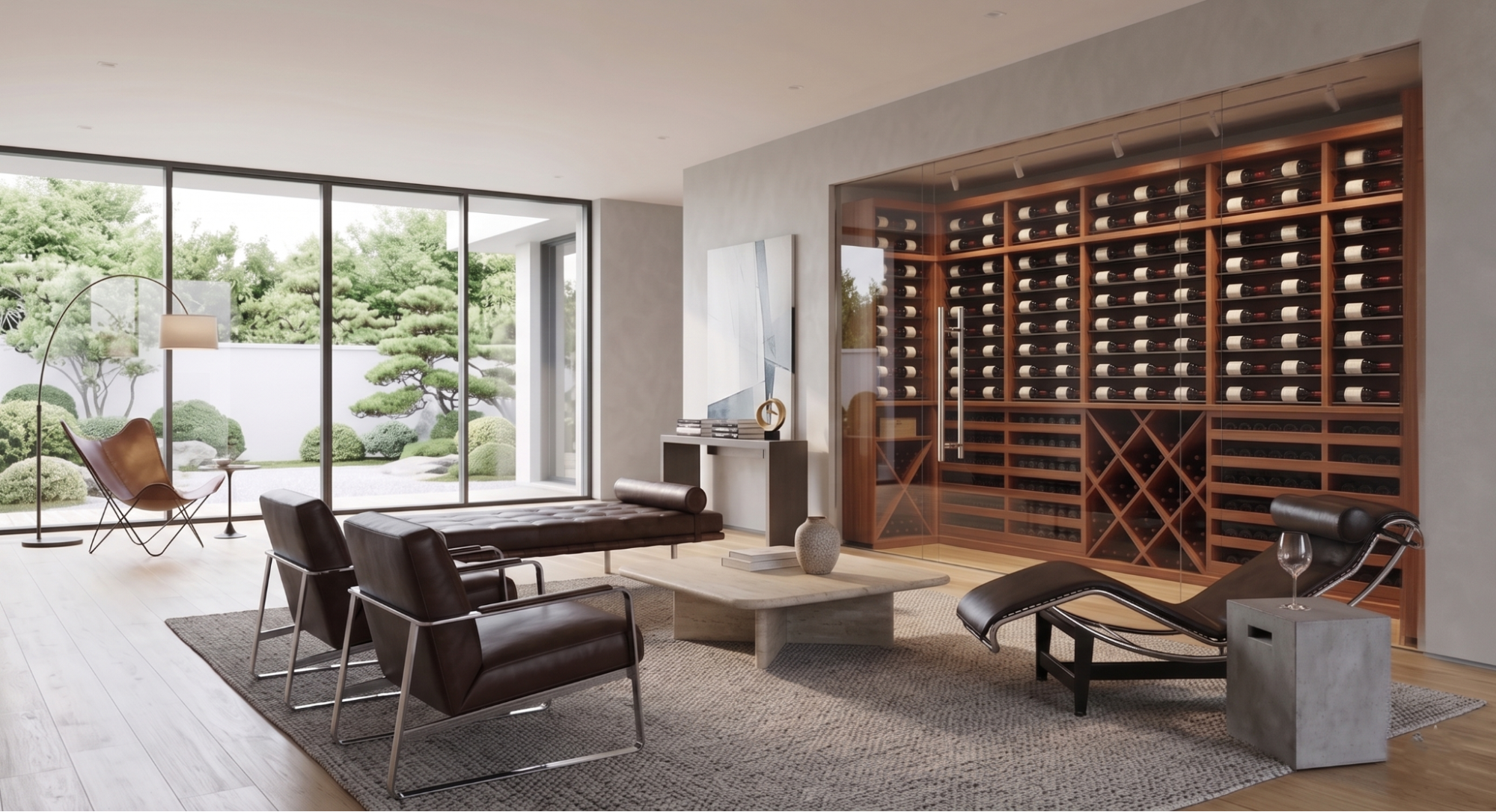 Living Room Wine Full Wine Wall Enclosed in Glass with Cubes and Display Bottles