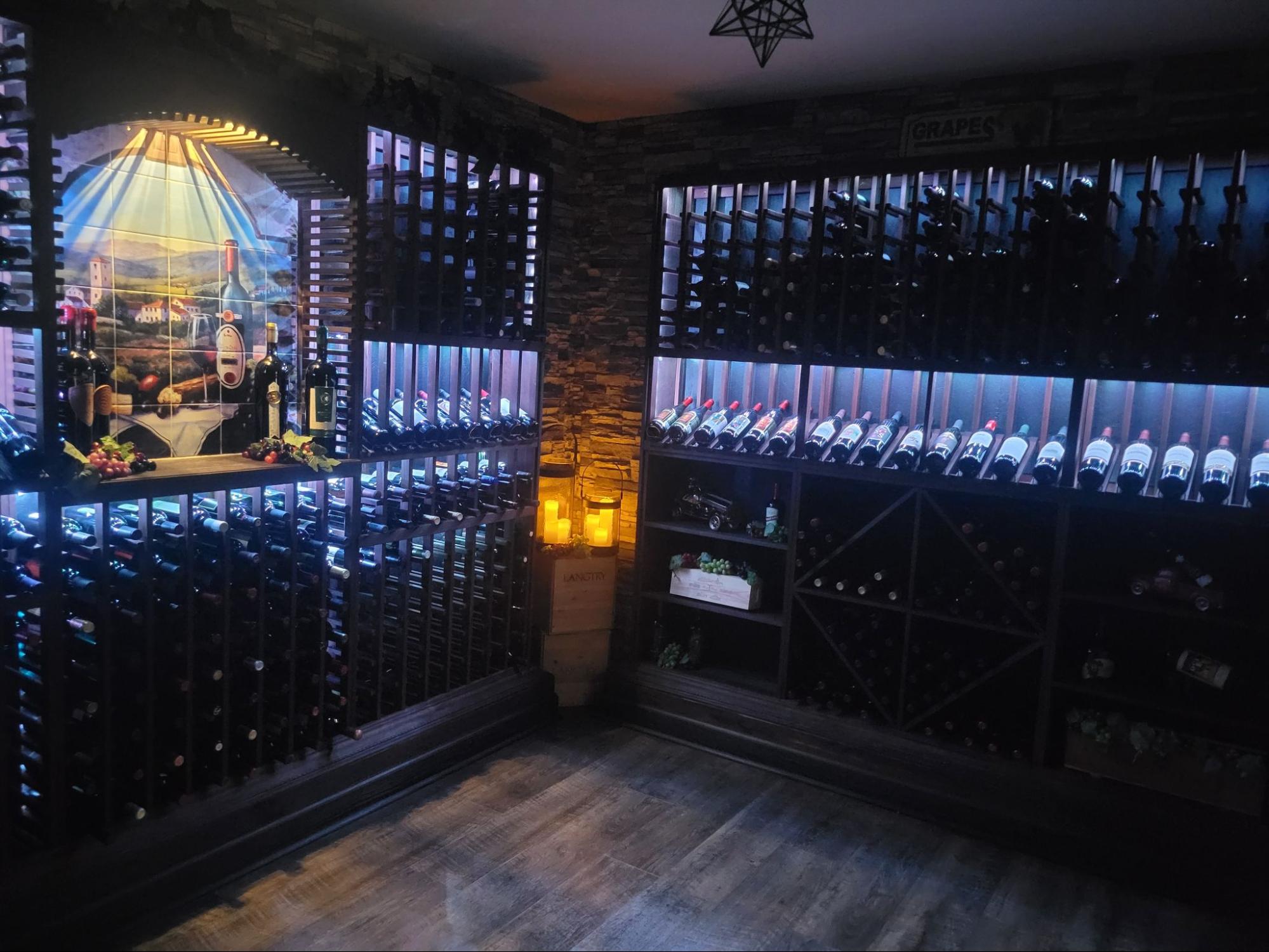 Wine Cellar Room With Accent Blue Lights to Light Up the Wine Bottles with Wood Flooring