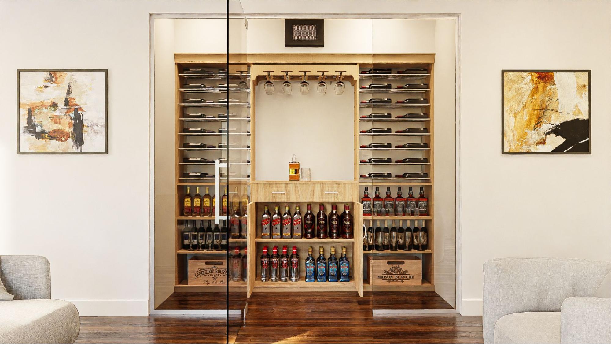Wine and Liquor Label Forward Wine Displays in a Glass Enclosure