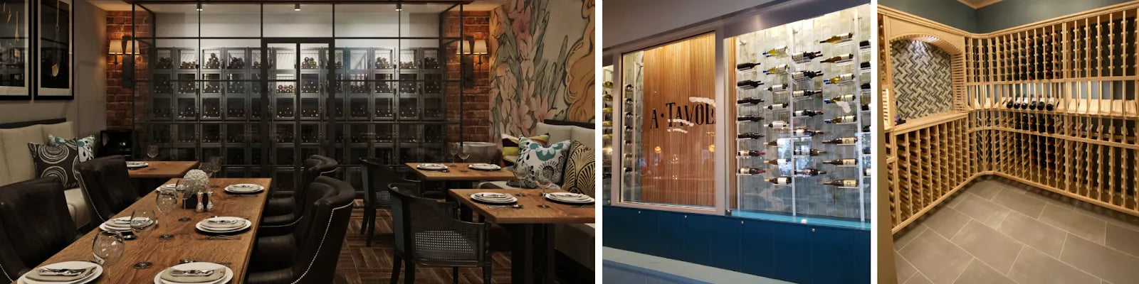 Three wine display layouts: back wall glass enclosed wine storage in a restaurant dining area, window display wine storage and signage, wood wine racks in wine tasting room