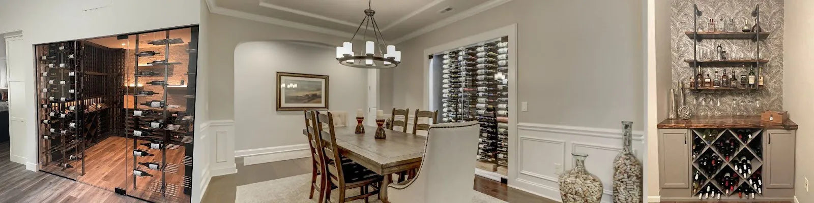 Three images showcasing wine display racks in a vacation rental like setting: glass enclosed wine storage room, glass enclosed wine rack in a dining room, wet-bar style wine rack with base cabinet and shelves