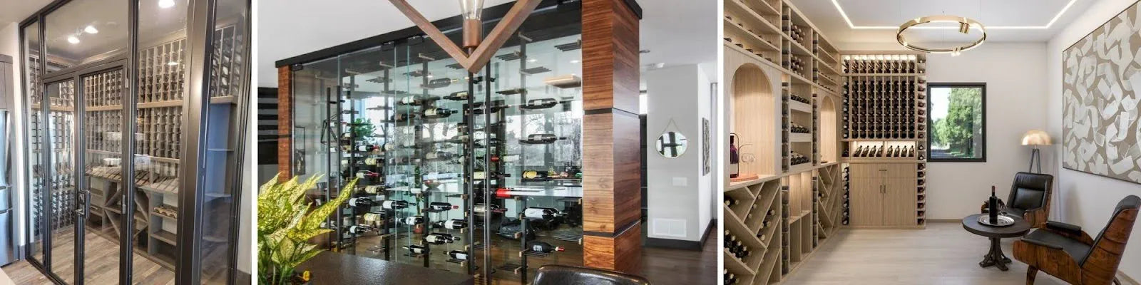 Three non-cellar wine storage layouts: glass enclosed wine storage room with wood racks, freestanding glass enclosed wine storage with metal racks, wine tasting room with wood wine racks and seating area