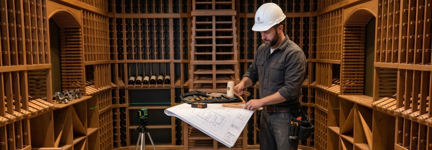 Contractor in a wine cellar holding blueprints