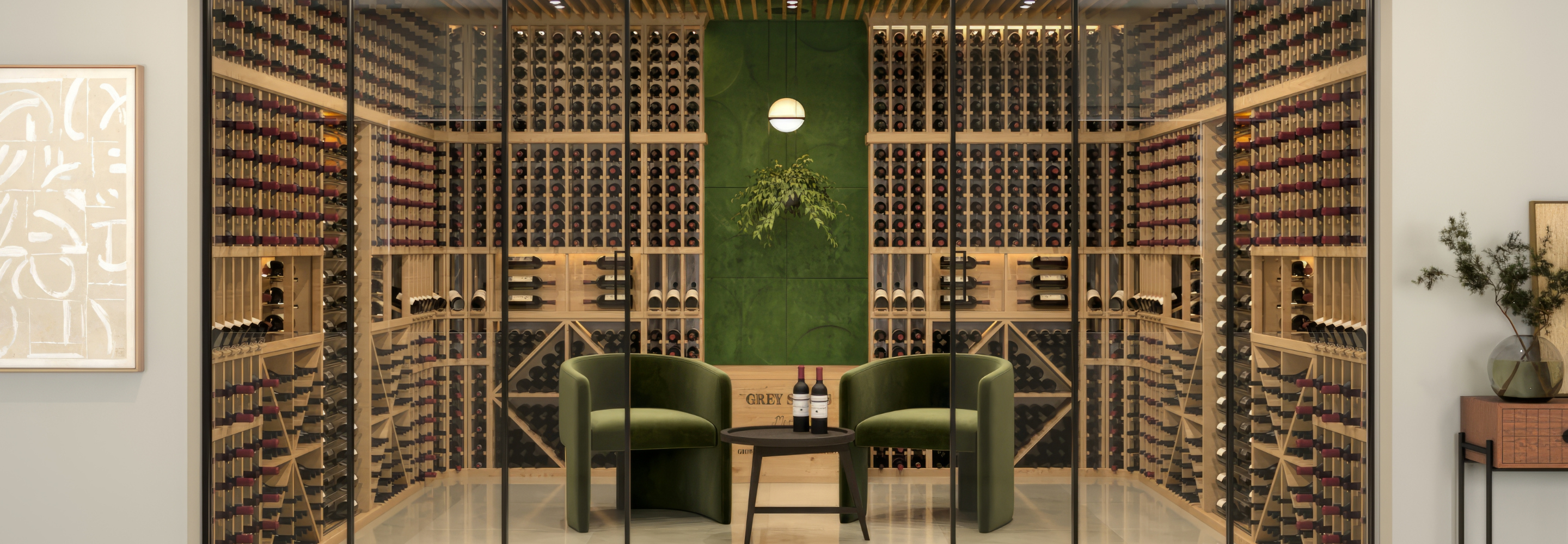 Beautiful Wine Room Display with Green Chairs