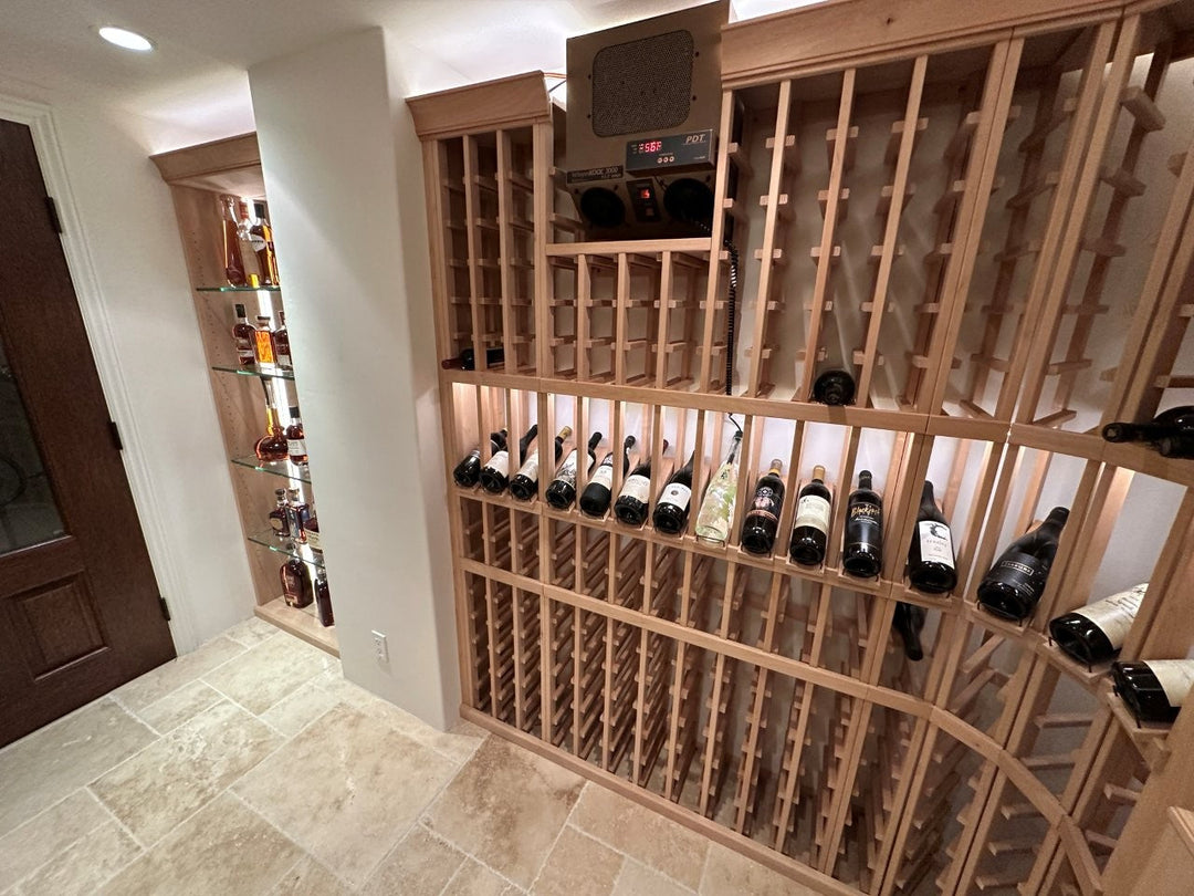 Ecclaimed Wood Wine Racks in a Climate Controlled Wine Storage Room