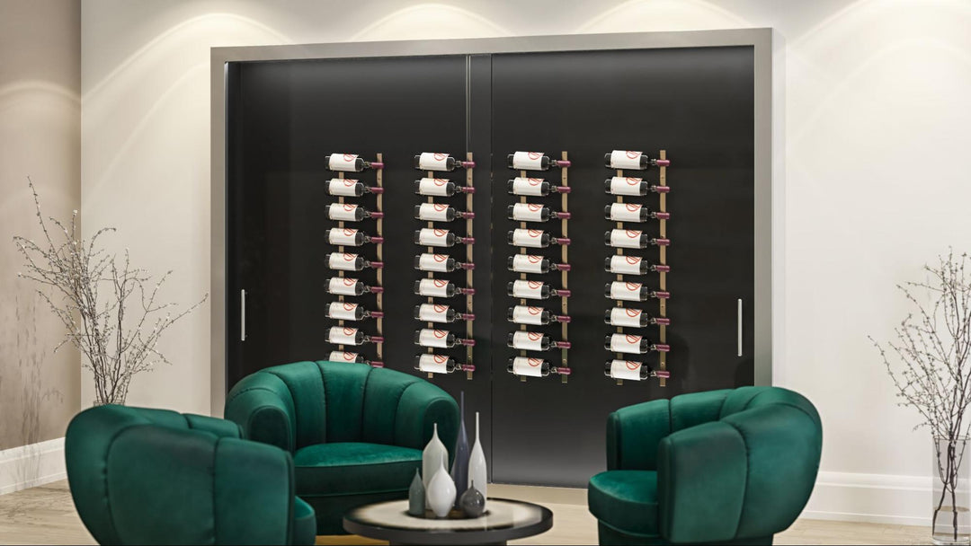 Floating Wine Wall System with Glass Sliding Enclosure and Green Sitting Area
