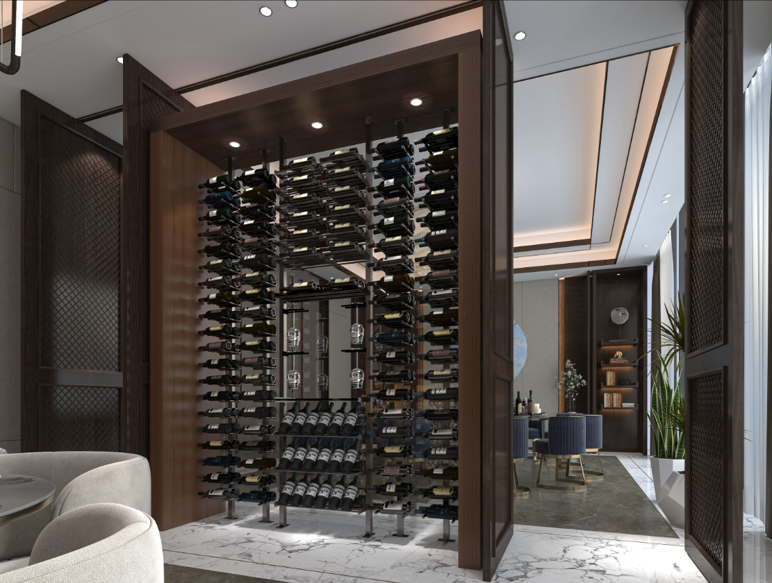Floor to Ceiling Metal Wine Racks Seperating 2 Rooms
