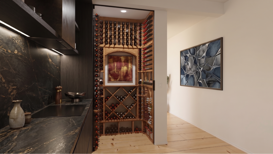 Floor to Ceiling Small Wine Room Next To a Home Bar with Wood Wine Racks and Beautiful Picture