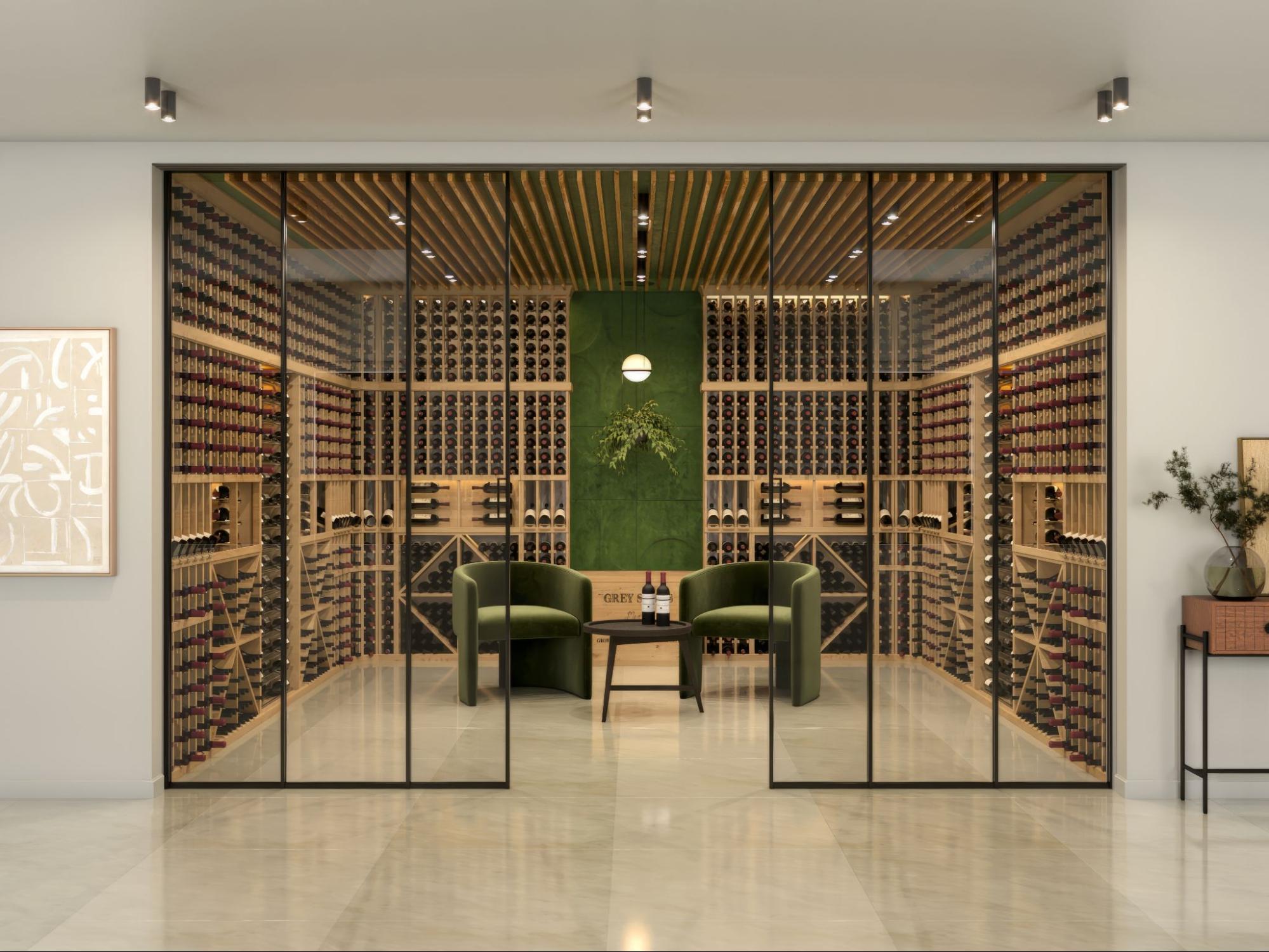 Large Wine Cellar in a Living Area with a Wine Cooling System and Sitting Area