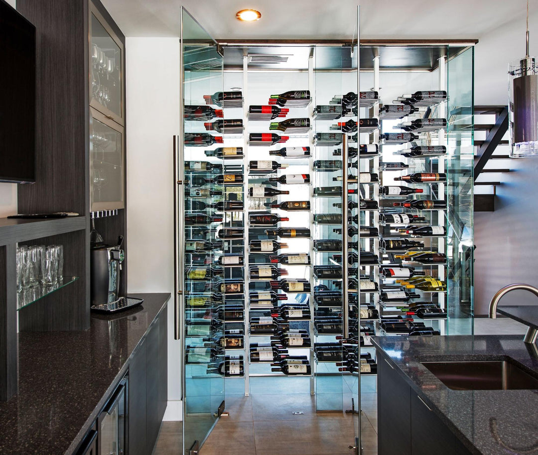 Metal Floating Wine Wall in a Glass Enclosure With Accent Lighting