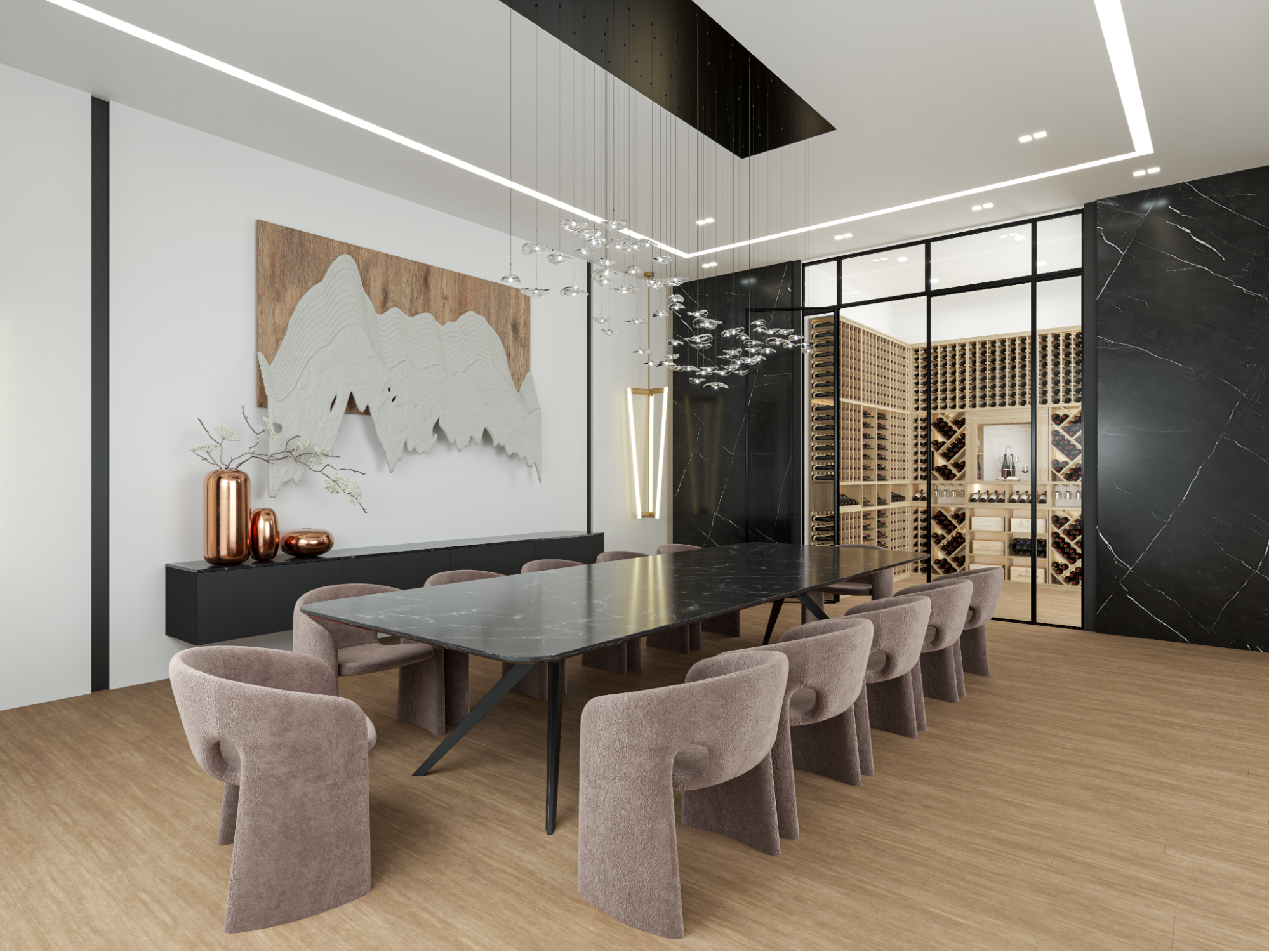 Modern dining room adjoining a glass-enclosed wine cellar with wood racks, diamond bins, and case storage