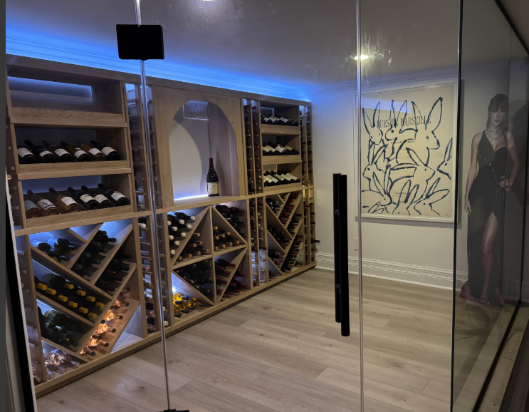 Wine Cellar Room WIth Wine Cooling System and Blue Accent Lights