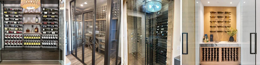 Four wine storage layouts showing metal and wood wine racks