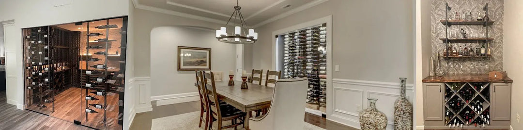 Three images showcasing wine display racks in a vacation rental like setting: glass enclosed wine storage room, glass enclosed wine rack in a dining room, wet-bar style wine rack with base cabinet and shelves