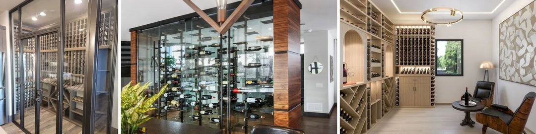 Three non-cellar wine storage layouts: glass enclosed wine storage room with wood racks, freestanding glass enclosed wine storage with metal racks, wine tasting room with wood wine racks and seating area