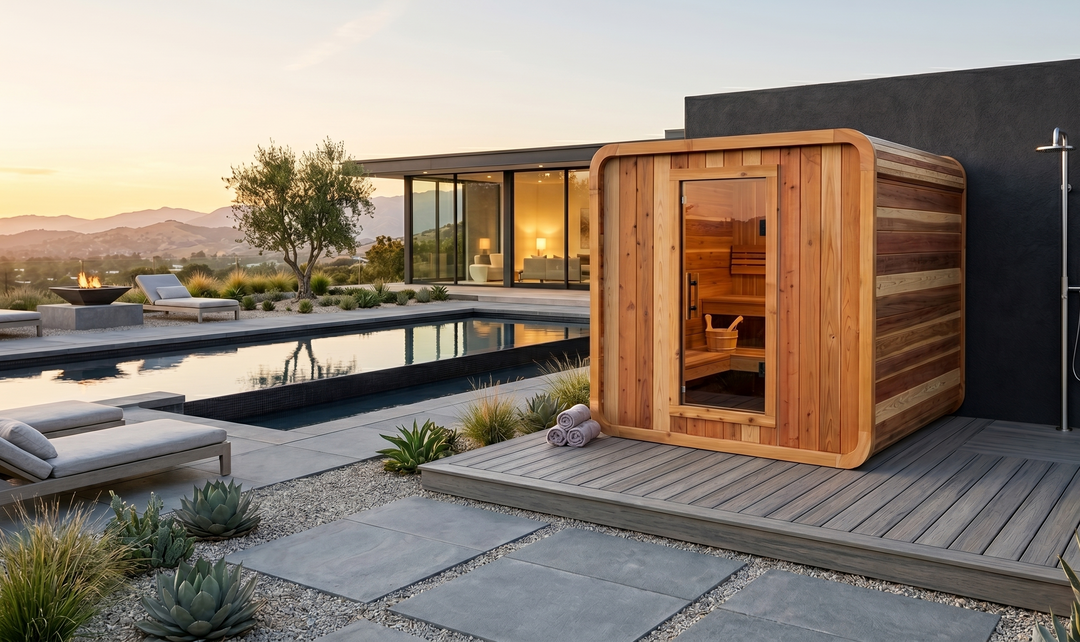 Wooden outdoor sauna on a patio with a pool and lounge chairs in the background.