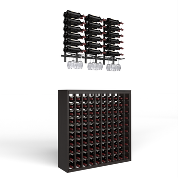 Wine Room Essentials Bundle - 100 Bottle Deluxe x W Series Racks in Matte Black Metal in Knotty Alder Greywash stained with WineSafe™ Satin Sealant