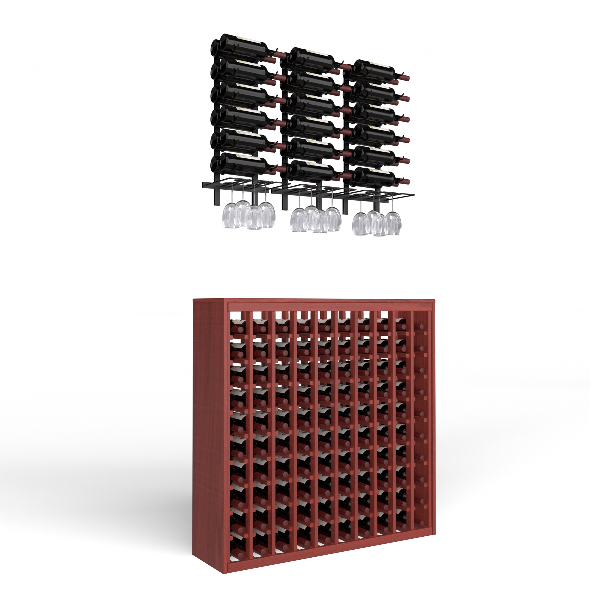 Wine Room Essentials Bundle - 100 Bottle Deluxe x W Series Racks in Matte Black Metal in Knotty Alder Walnut stained with WineSafe™ Satin Sealant