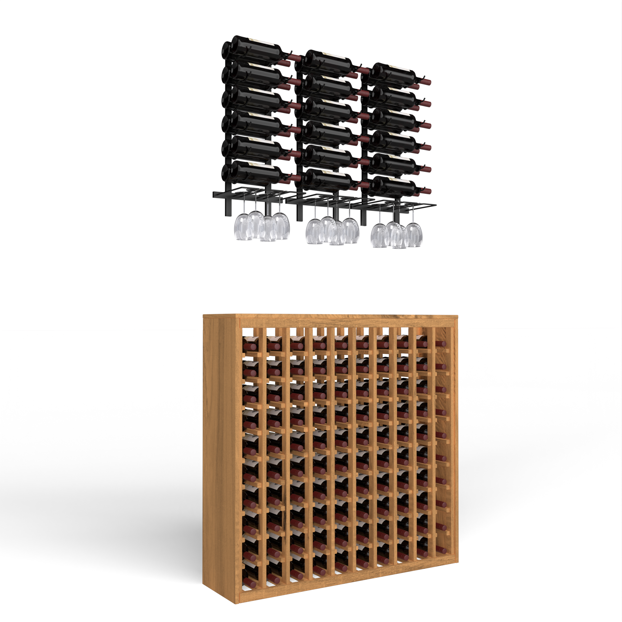 Wine Room Essentials Bundle - 100 Bottle Deluxe x W Series Racks in Matte Black Metal in Knotty Alder Cherry stained without WineSafe™ Satin Sealant
