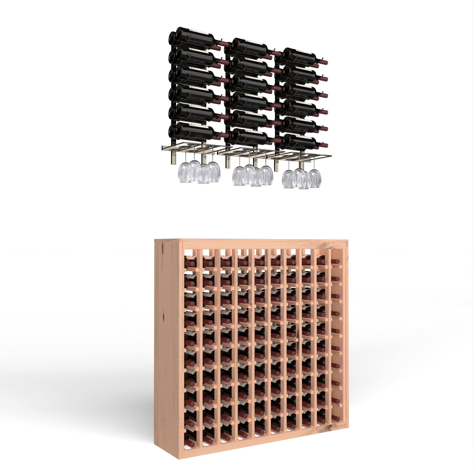 Wooden wine rack with multiple slots filled with wine bottles.
