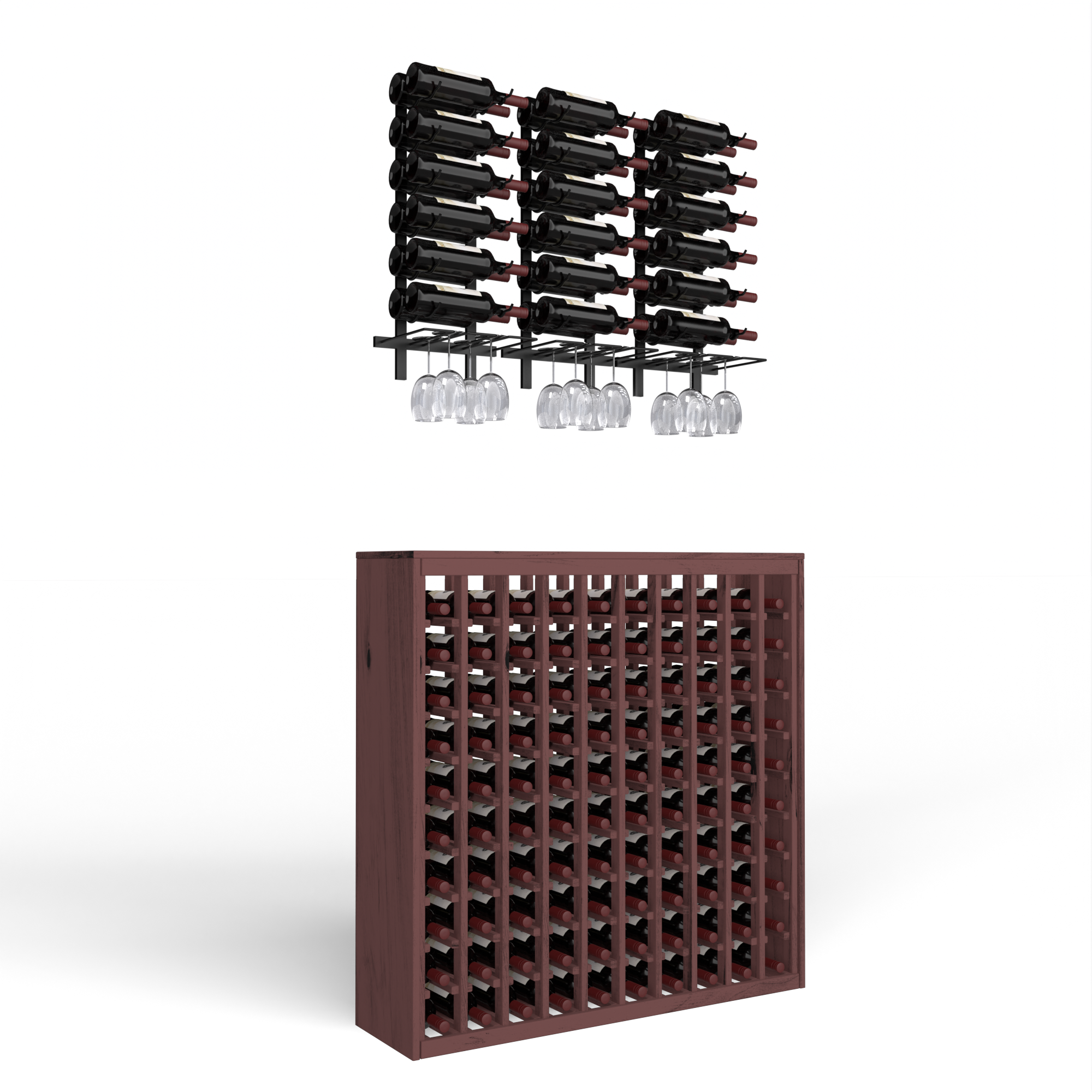 Wine Room Essentials Bundle - 100 Bottle Deluxe x W Series Racks in Matte Black Metal in Knotty Alder Black stained without WineSafe™ Satin Sealant