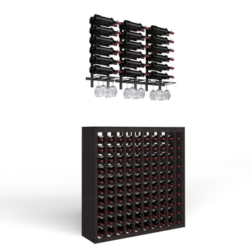 Wine Room Essentials Bundle - 100 Bottle Deluxe x W Series Racks in Matte Black Metal in Ponderosa Pine Black stained without WineSafe™ Satin Sealant