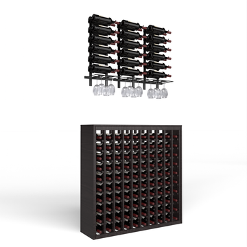 Wine Room Essentials Bundle - 100 Bottle Deluxe x W Series Racks in Matte Black Metal in Ponderosa Pine Black stained with WineSafe™ Satin Sealant