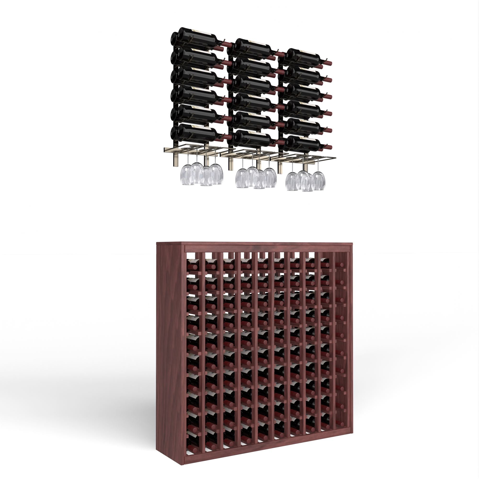 Large wooden wine rack with multiple horizontal slots filled with wine bottles.