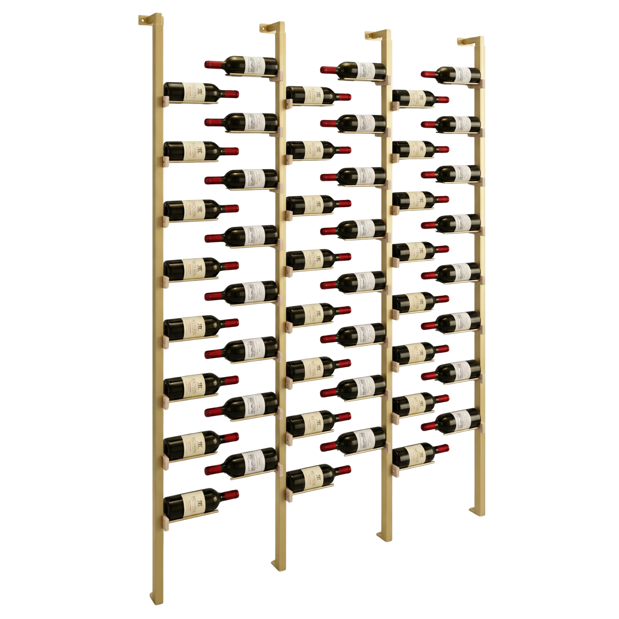 The Floating Bottle Vignette 1 Deep 3 Wide in Gold Posts/Gold Rods White Oak Unfinished