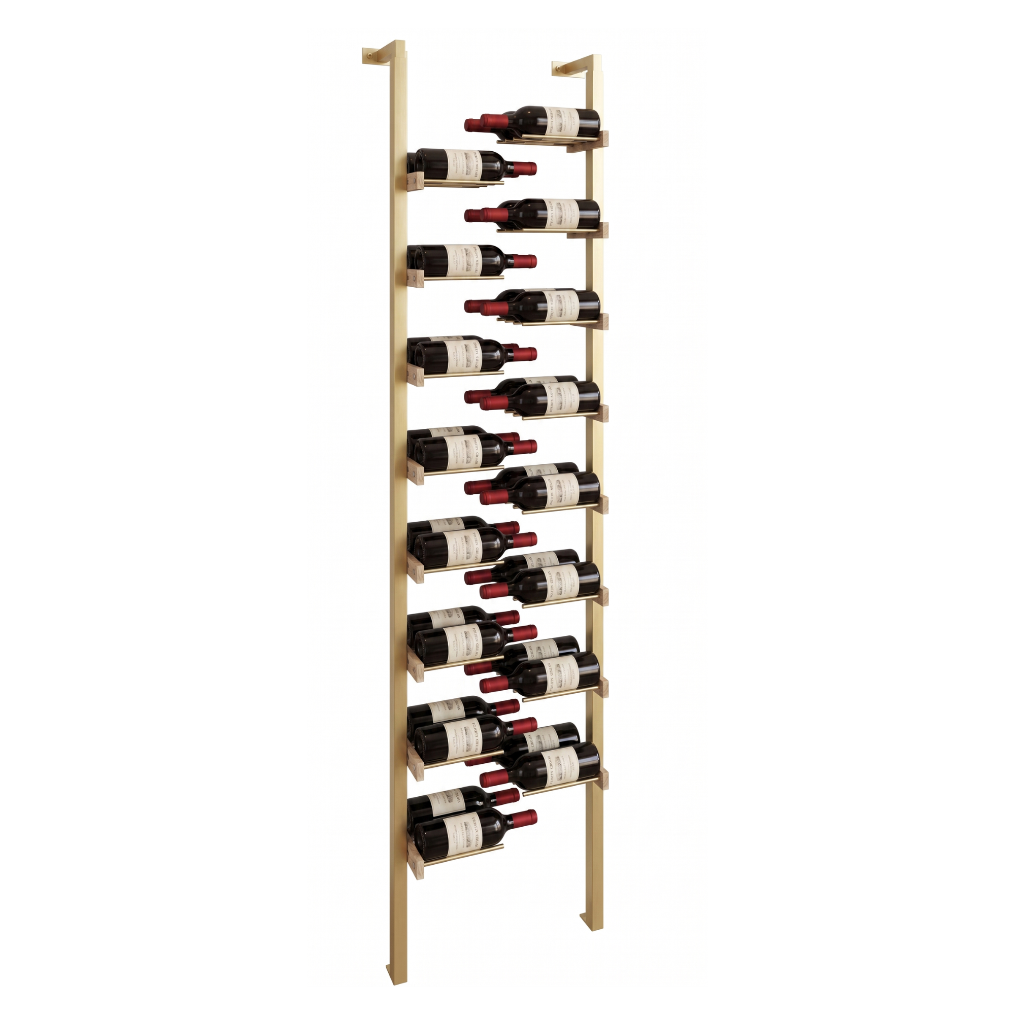 The Floating Bottle Vignette 2 Deep 1 Wide in Gold Posts/Gold Rods White Oak Unfinished