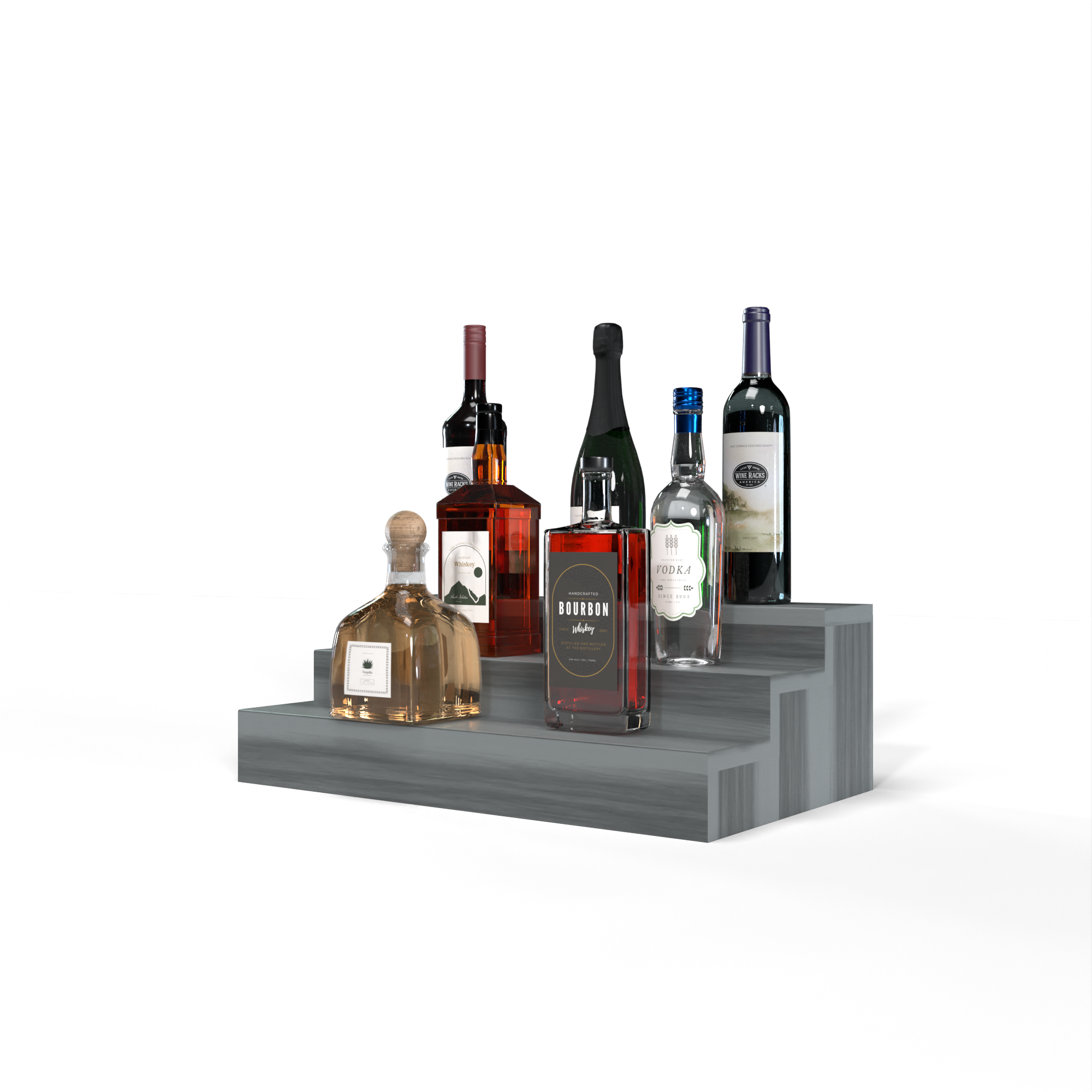 Liquor Riser, 3 Riser 4 Column in Premium Redwood Greywash stained with WineSafe™ Satin Sealant