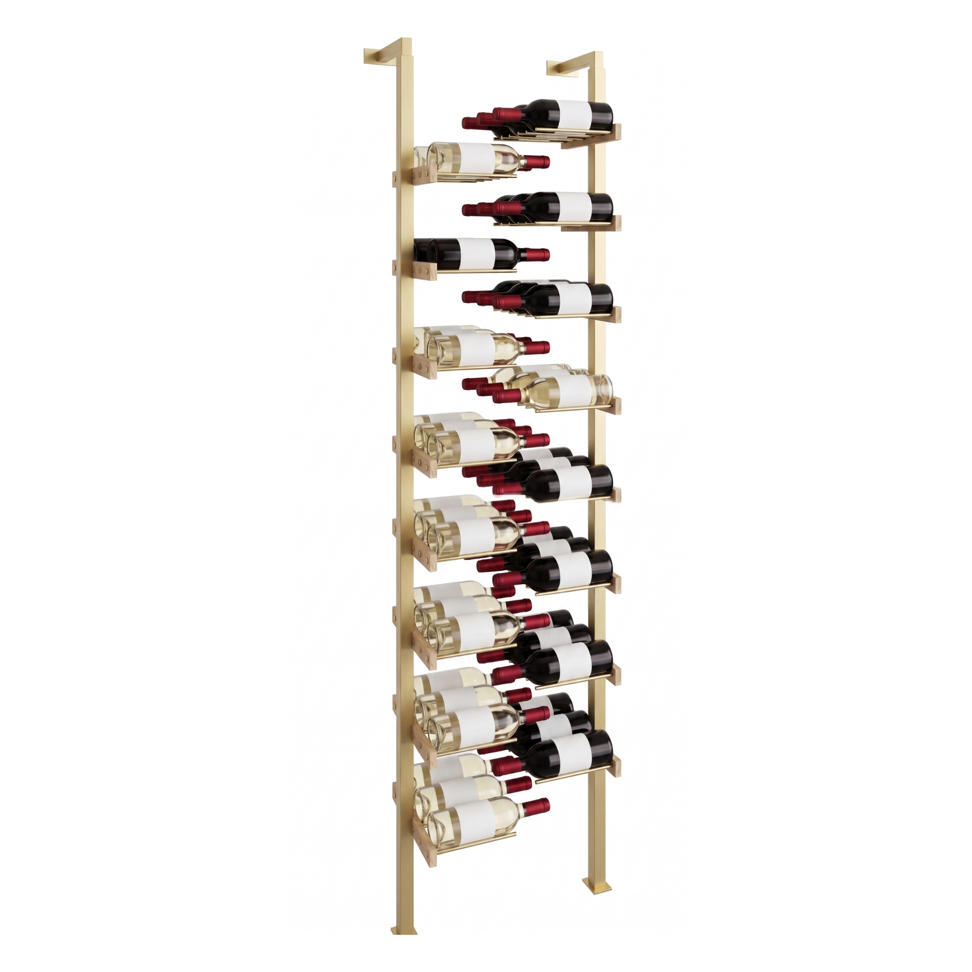 The Floating Bottle Vignette 3 Deep 1 Wide in Gold Posts/Gold Rods White Oak Unfinished