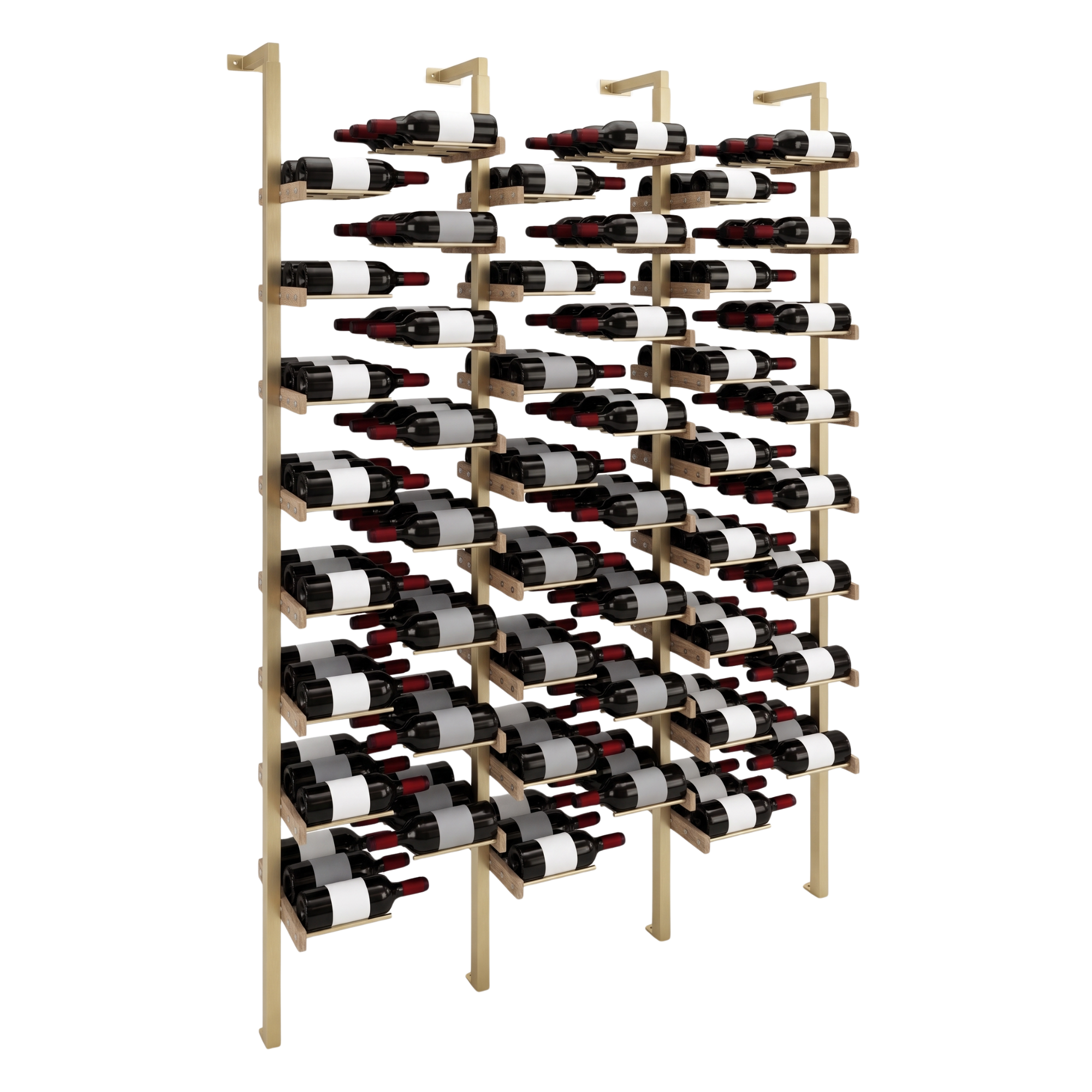 The Floating Bottle Vignette 3 Deep 3 Wide in Gold Posts/Gold Rods White Oak Unfinished