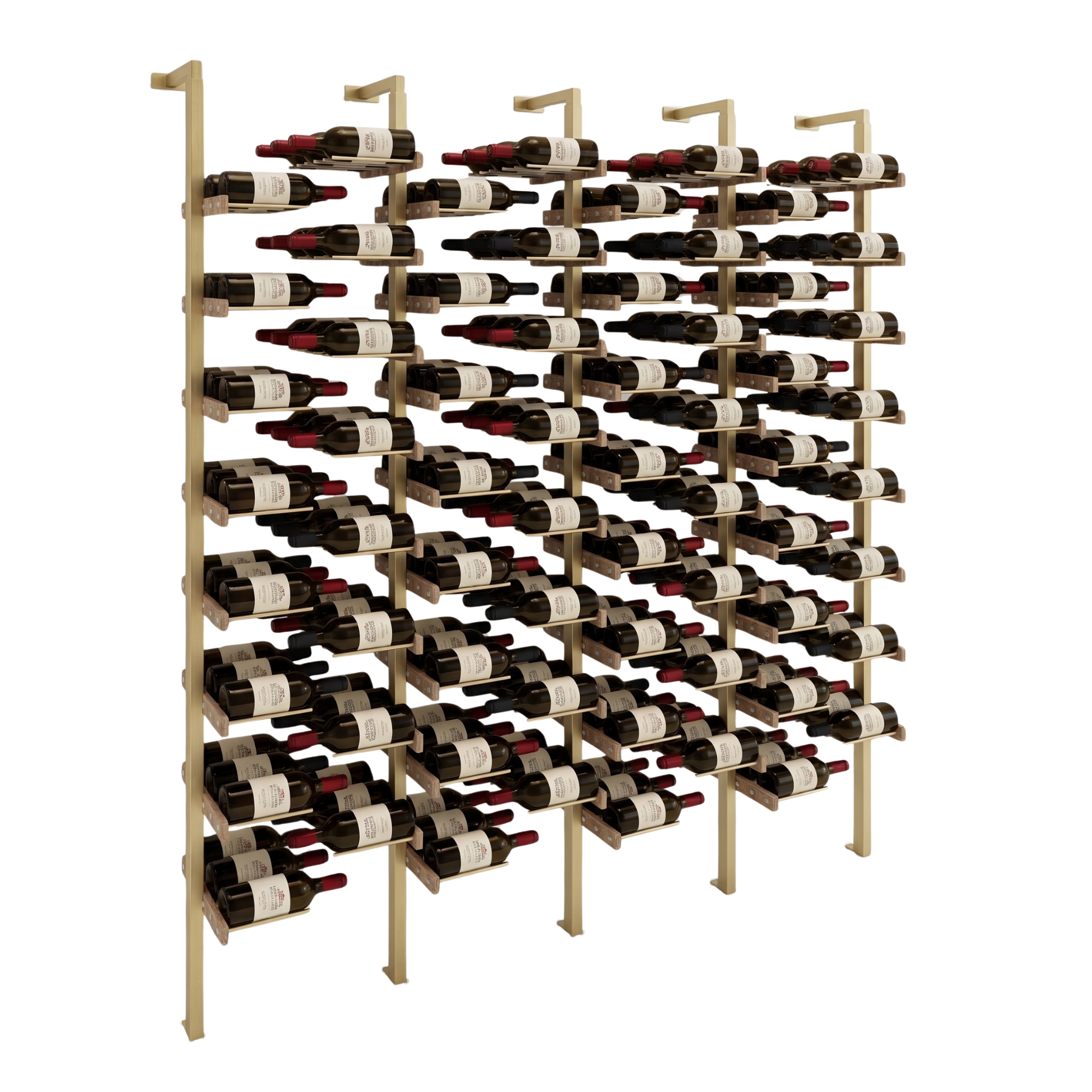 The Floating Bottle Vignette 3 Deep 4 Wide in Gold Posts/Gold Rods White Oak Unfinished