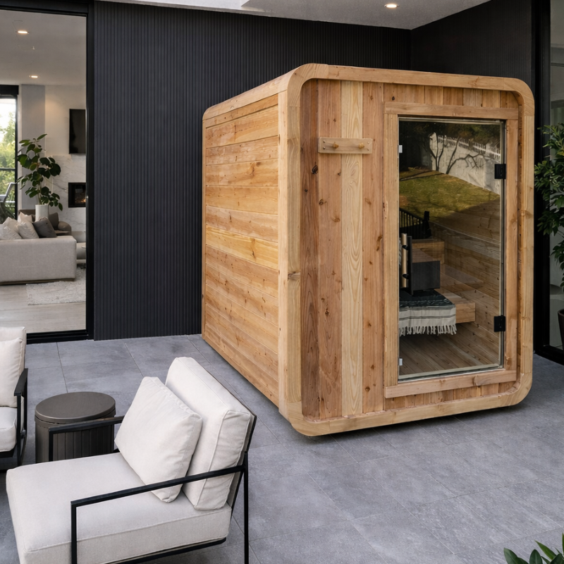 Wooden sauna in a modern living room setting with white furniture.