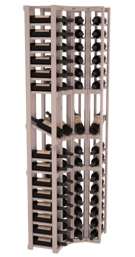 InstaCellar - 4 Column Corner Display Row Rack in Knotty Alder Greywash stained with WineSafe™ Satin Sealant