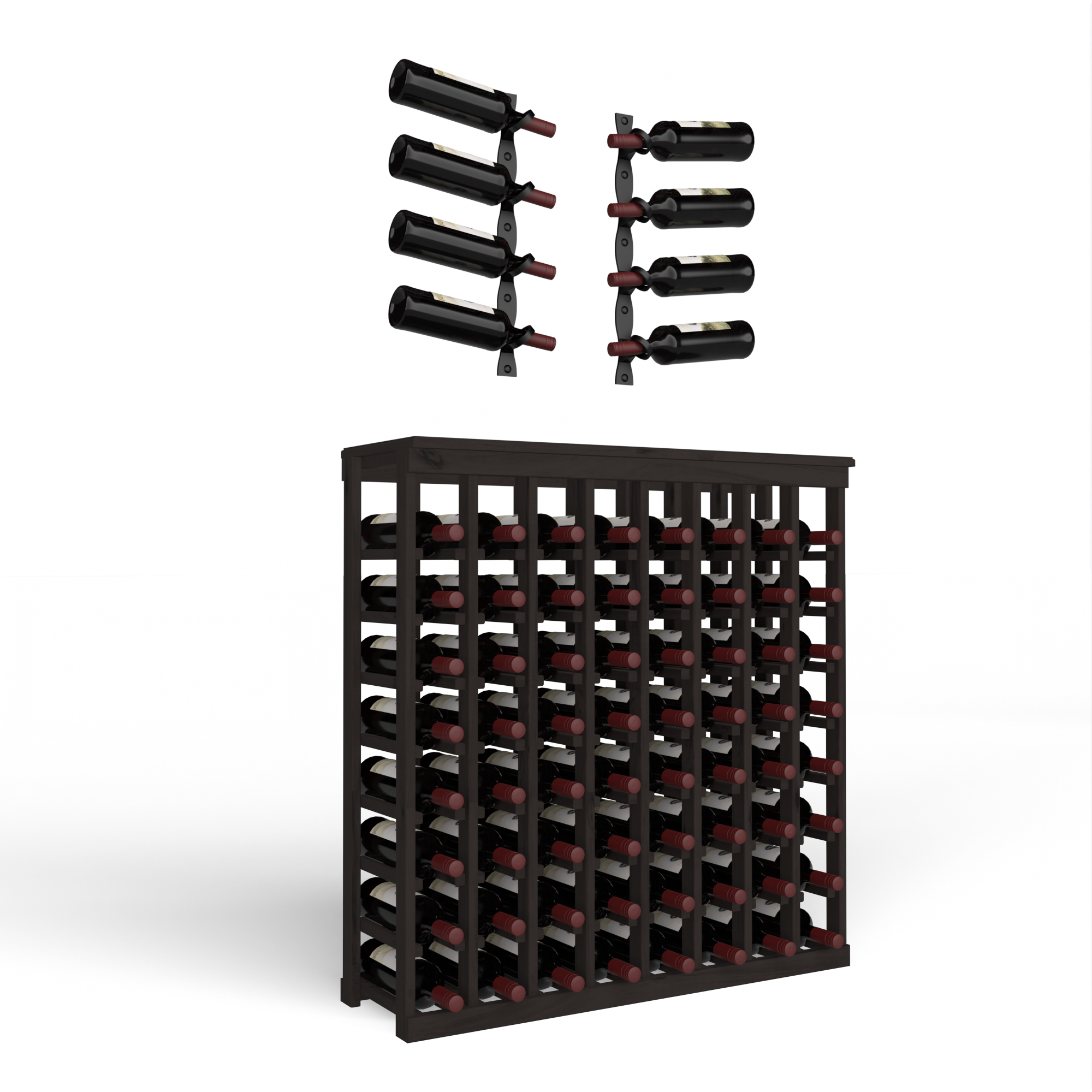 Wine Room Essentials Bundle - 64 Bottle Tabletop x Helix Wine Rack in Matte Black Metal in Knotty Alder Greywash stained with WineSafe™ Satin Sealant