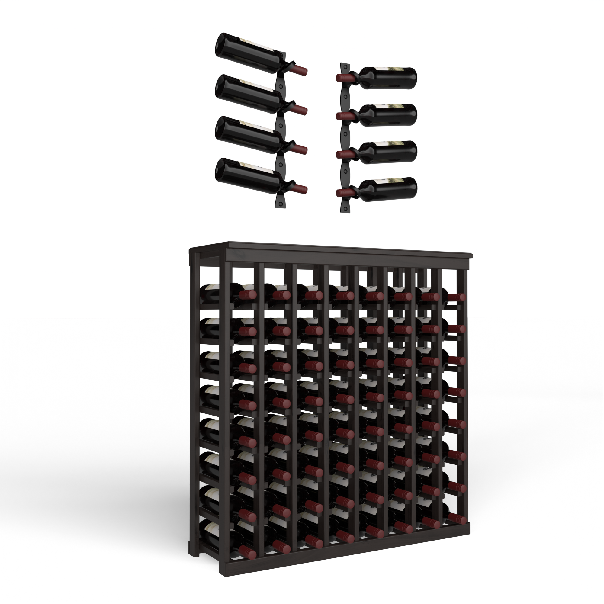 Wine Room Essentials Bundle - 64 Bottle Tabletop x Helix Wine Rack in Matte Black Metal in Premium Redwood Unstained without WineSafe™ Satin Sealant