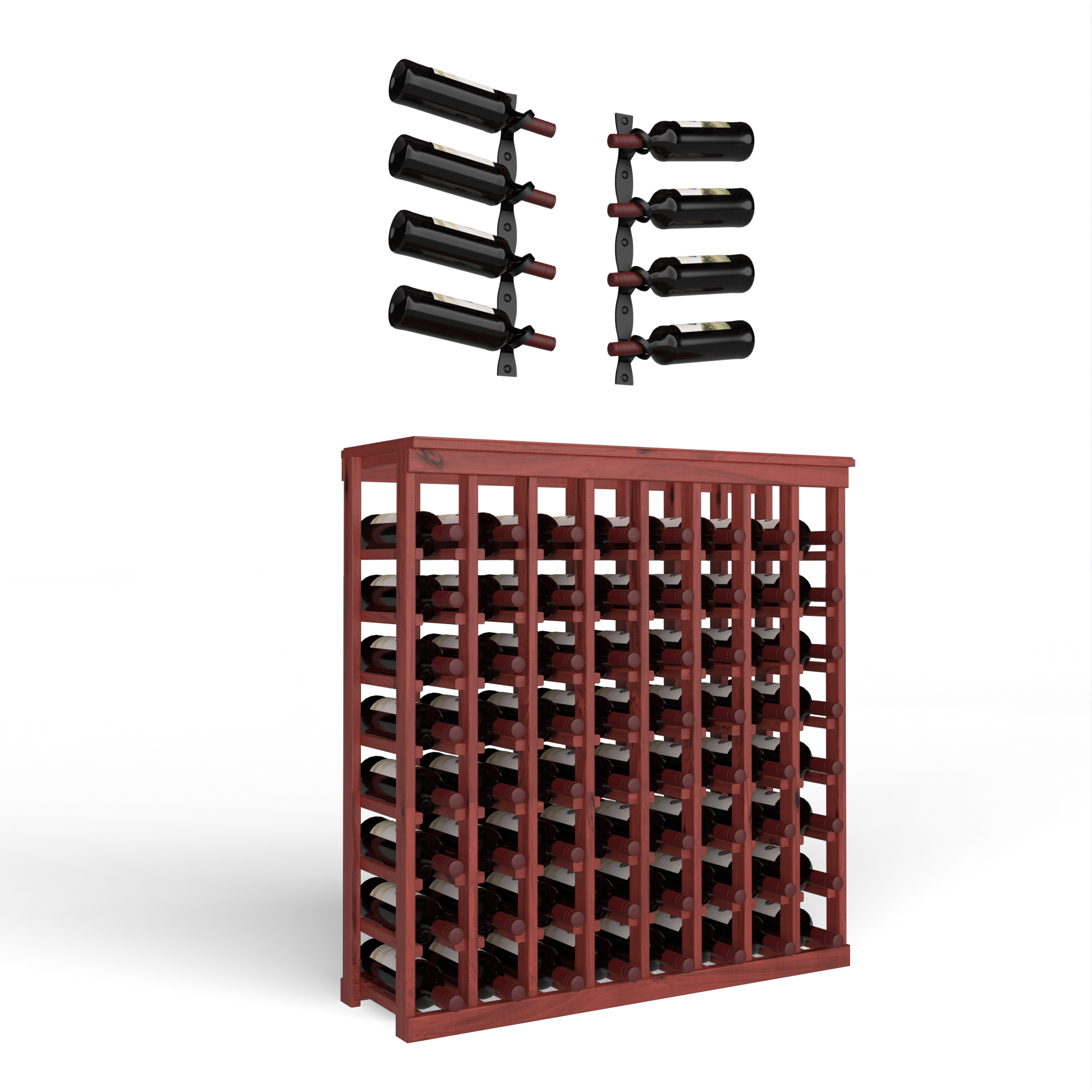 Wine Room Essentials Bundle - 64 Bottle Tabletop x Helix Wine Rack in Matte Black Metal in Knotty Alder Black stained without WineSafe™ Satin Sealant