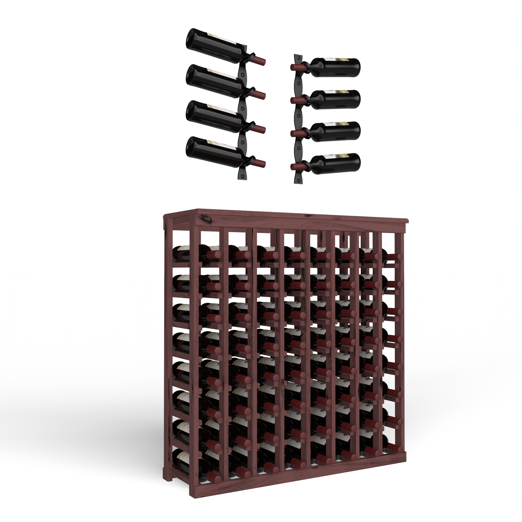 Wine Room Essentials Bundle - 64 Bottle Tabletop x Helix Wine Rack in Matte Black Metal in Knotty Alder Black stained with WineSafe™ Satin Sealant