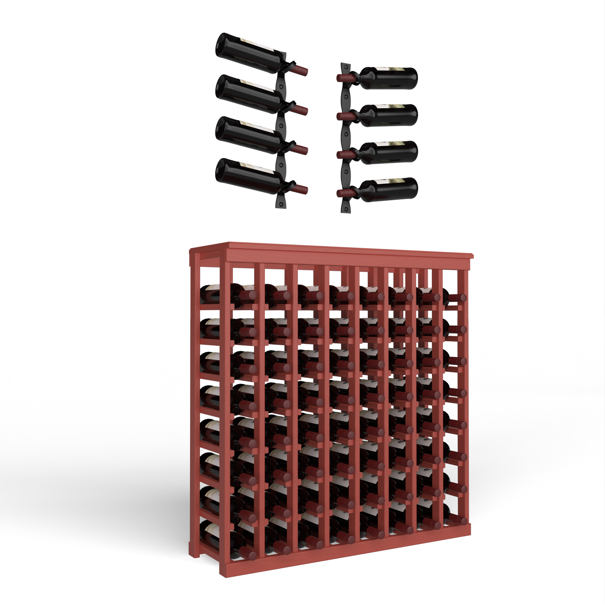 Wine Room Essentials Bundle - 64 Bottle Tabletop x Helix Wine Rack in Matte Black Metal in Ponderosa Pine Walnut stained without WineSafe™ Satin Sealant
