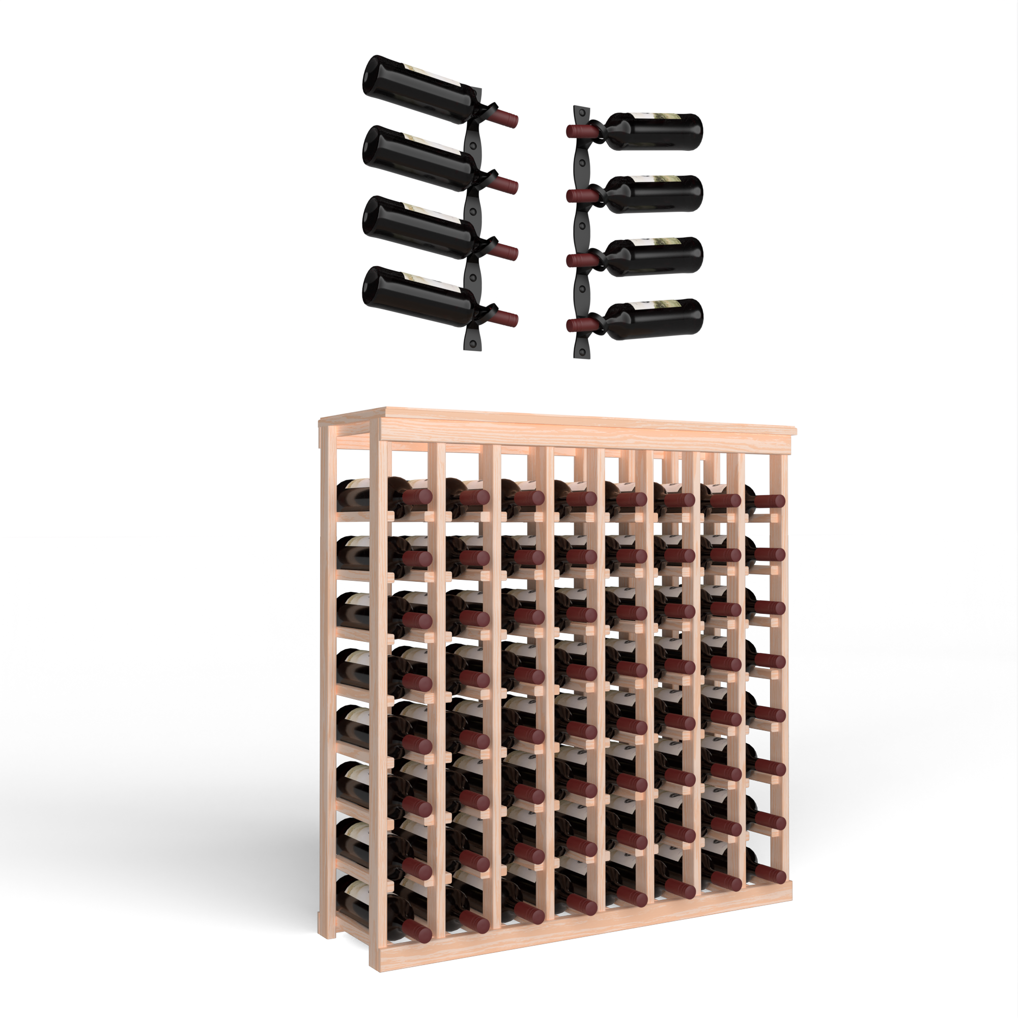 Wine Room Essentials Bundle - 64 Bottle Tabletop x Helix Wine Rack in Matte Black Metal in Ponderosa Pine Oak stained without WineSafe™ Satin Sealant
