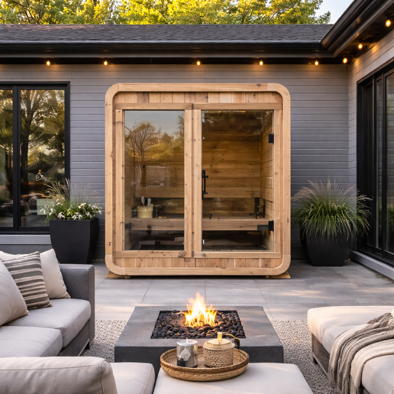 Wooden outdoor sauna with seating area and fire pit on a patio
