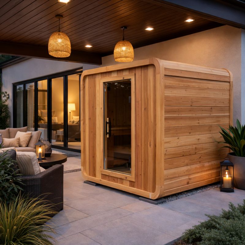 Wooden outdoor sauna with patio furniture and lanterns in a backyard setting