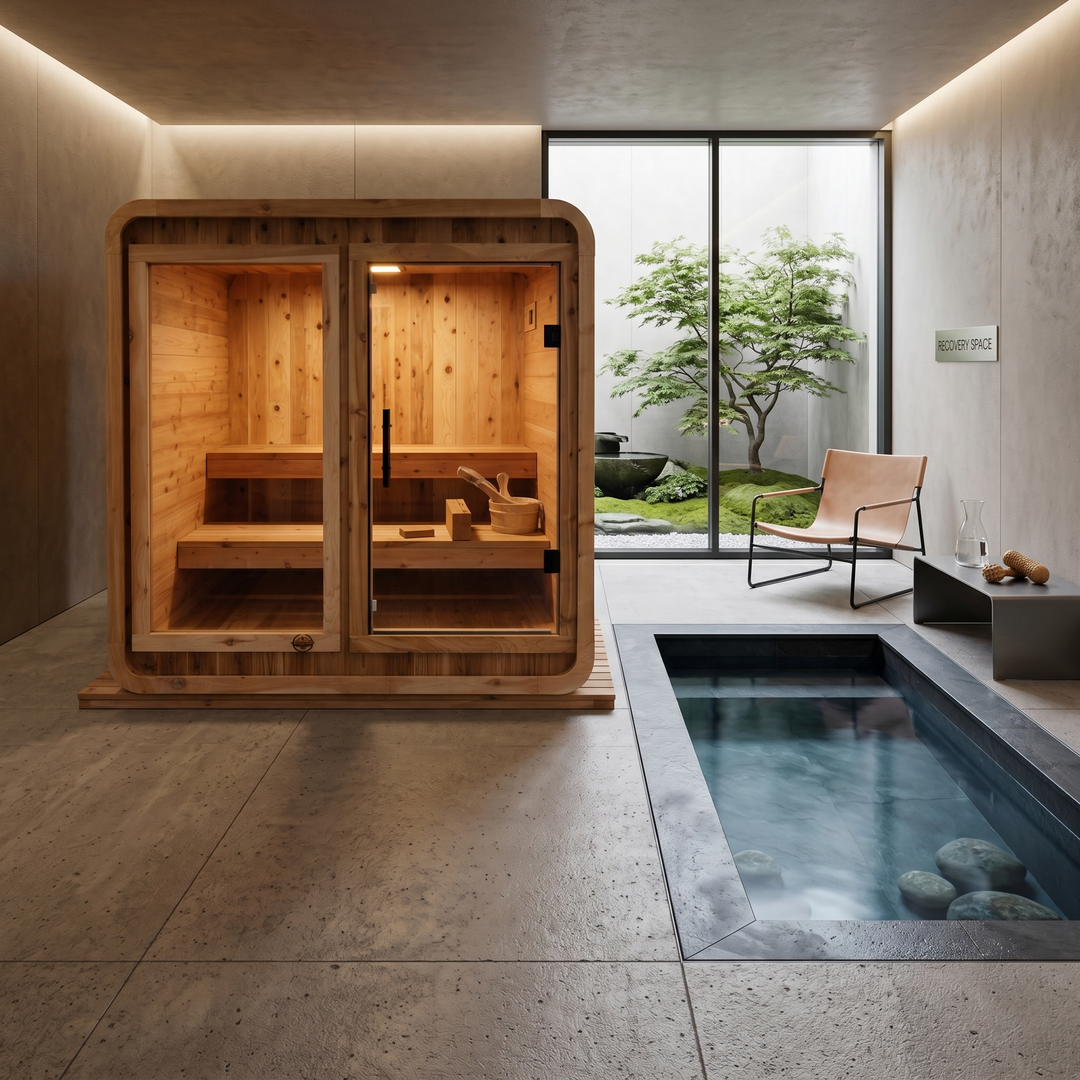 Modern indoor sauna with a view of a garden outside