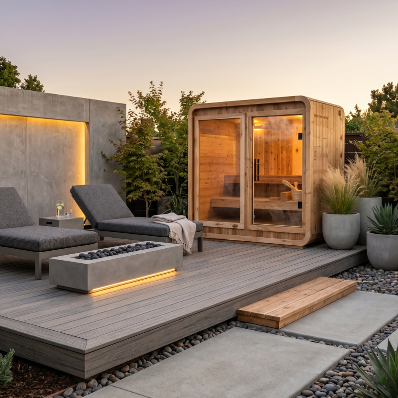 Modern outdoor living space with a fire pit, lounge chairs, and a wooden cabin.